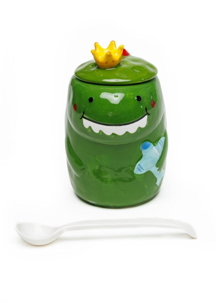 Green dino mug with crown lid and spoon